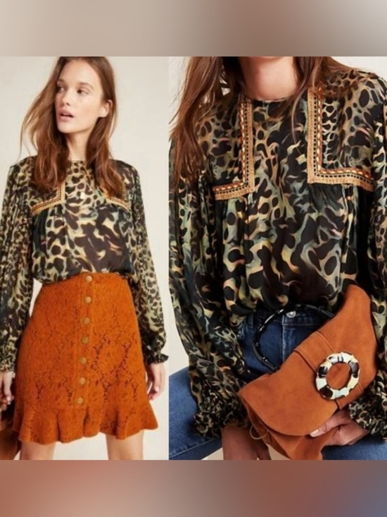 Link Tops - Anthropologie BI-nk London Joelle
Leopard Peasant Blouse Size Xs NWT